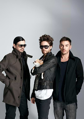 Three men with a dog