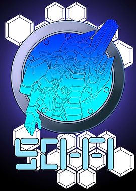 Mecha Robot with the word ''sci-fi'' in Stylized text