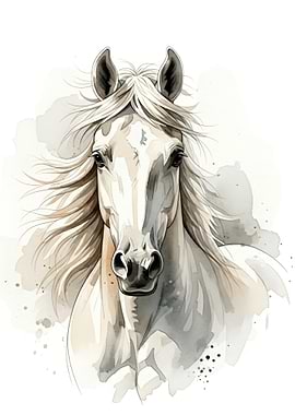 Watercolor White Horse Portrait