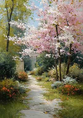 Spring Garden Path with Cherry Blossoms