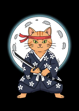 Samurai Cat with Katana and Moon