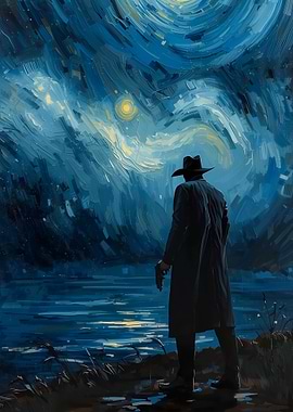 Man in trench coat with gun under starry sky