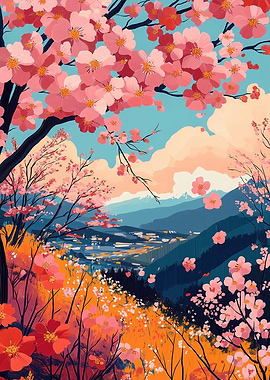 Cherry Blossoms Over a Mountain Village