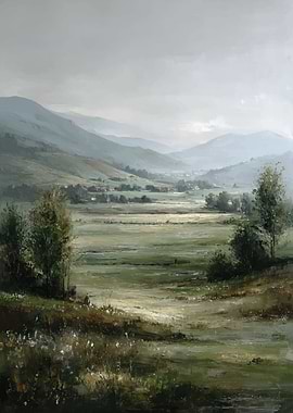 Misty Mountain Valley Landscape Painting