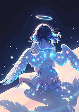 Anime Angel Girl with Glowing Wings