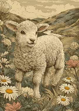 Cute Lamb in a Field of Flowers