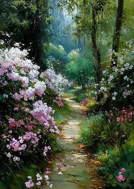 Enchanting Garden Path with Pink Flowers