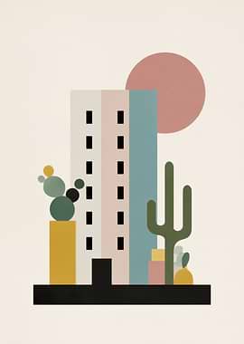 Abstract Desert Cityscape with Sun and Cacti