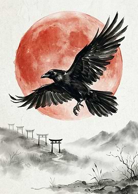 Raven flying over torii gates