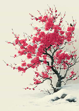 Cherry Blossoms in Snow with Bird