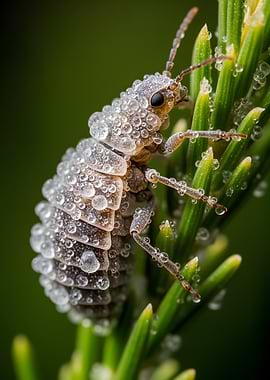 Insect Covered in Water Droplets on Pine Needles