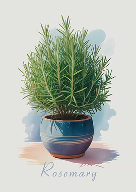 Rosemary Plant in Blue Pot