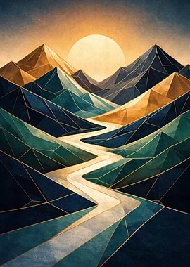 Geometric Mountain Landscape with River