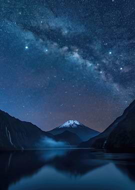 Milky Way over Snow-Capped Mount Fuji