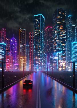 Cyberpunk Cityscape Rainy Night
