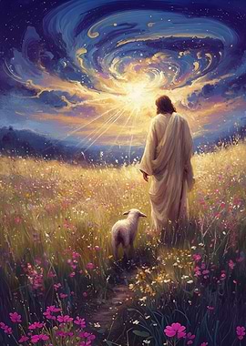 Jesus and Lamb in a Field