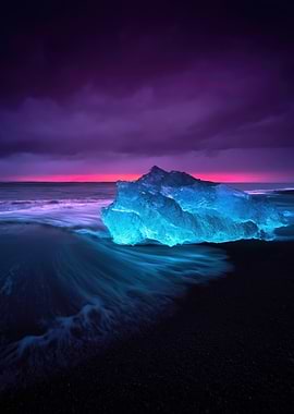 Glowing Iceberg on Black Sand Beach