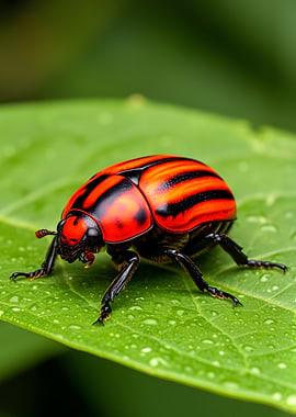 Red and Black Striped Beetle on Leaf