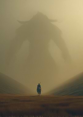 Warrior facing a giant in the mist