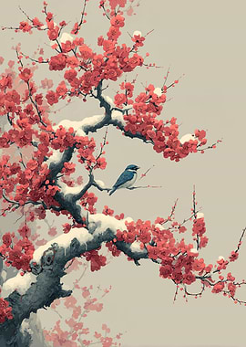Bird on a Snowy Cherry Blossom Branch
