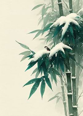 Bird on Snowy Bamboo
