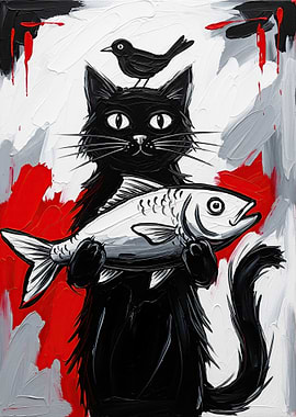 Black Cat Holding a Fish with a Bird on Head