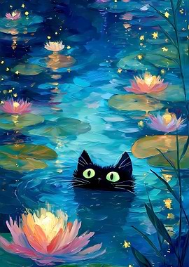 Black Cat in a Lily Pond