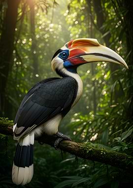 Hornbill perched on a mossy branch