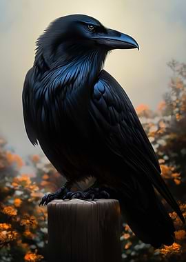 Majestic Black Raven Perched on Wood