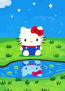 Hello Kitty in a grassy field with reflection