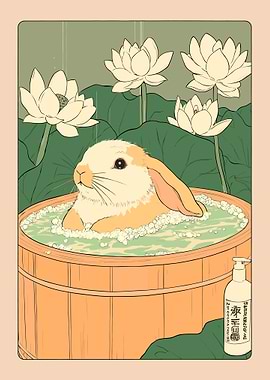 Bunny bathing among lotuses