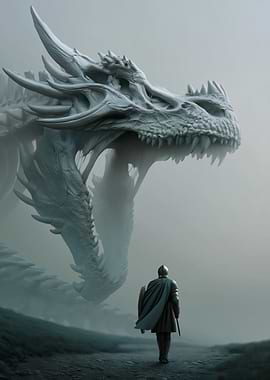 Knight faces a colossal white dragon