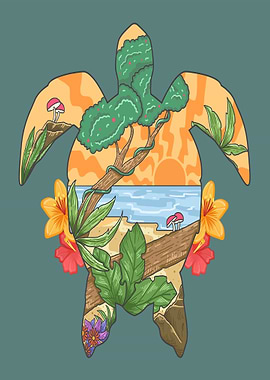 Turtle Silhouette with Tropical Landscape