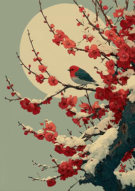 Bird on Snowy Plum Blossom Branch