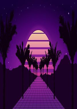 Retro Sunset Palm Tree Road