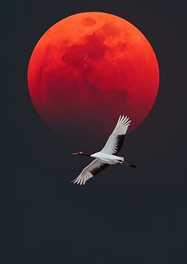 Red Moon and Crane in Flight
