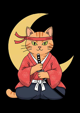 Samurai Cat with Katana and Moon
