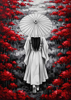 Woman with Umbrella in Red Flowers