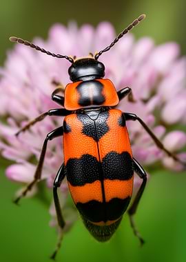 Red and Black Beetle on Pink Flower
