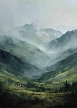Misty Mountain Valley Landscape Painting