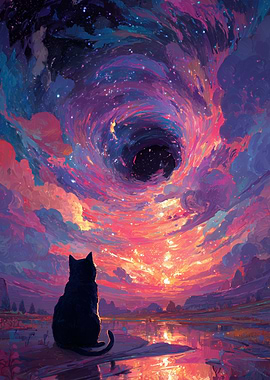 Black Cat Gazing at a Cosmic Vortex