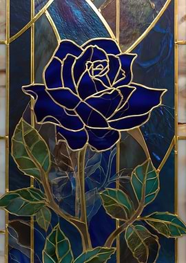 Stained Glass Blue Rose with Leaves
