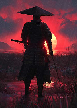 Samurai in Red Sunset Rain