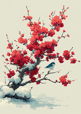 Bird on a snowy plum tree