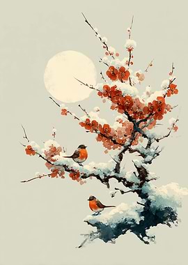Birds on a Snowy Plum Tree