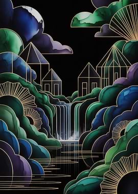 Enchanted Waterfall Landscape with Geometric Structures