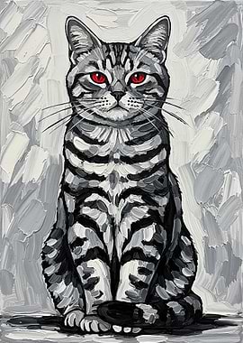 Painting of a Tabby Cat with Red Eyes