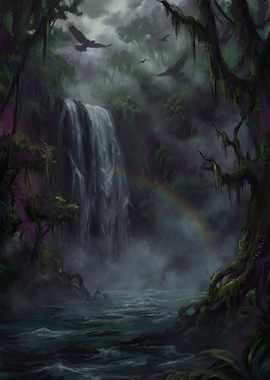 Misty Jungle Waterfall with Rainbow