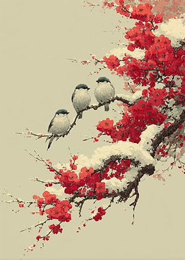 Birds on a Snowy Cherry Blossom Branch