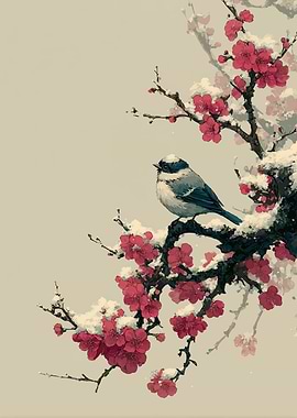Bird on a Snowy Plum Branch